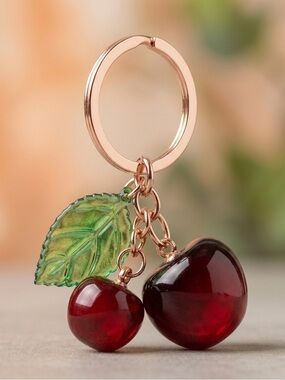 Rose Gold Cherry Keychain with Green Leaf Charm